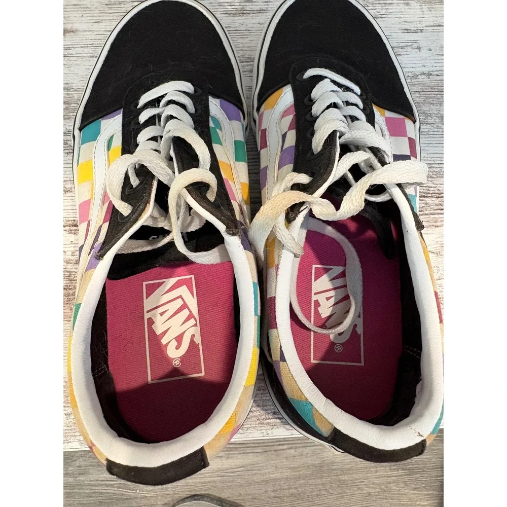 Vans Old Skool Low Top Sneakers Rainbow Checkerboard Black White Lace Up Youth 7